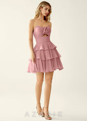 Orosecy Dusty Pink Cut-out Waist Ruffles Chiffon Mini Dress