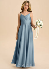 Azazie Bug Junior Dusty Blue A-Line Pleated Stretch Satin Dress