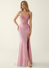 Noellress Pink Lace Sequin Embroidery Beading Prom Dress