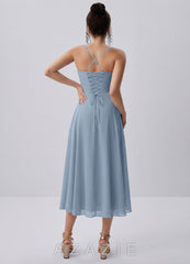 Huguette Dusty Blue Sweetheart Lace-Up Chiffon Midi Dress