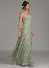 Azazie Melanie Agave A-Line One Shoulder Floral Burnout Dress agave