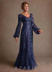 Azazie Mazie Dark Navy A-Line Lace Tulle Dress dark_navy