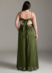 Azazie Zeya Olive A-Line Pleated Stretch Satin Dress olive