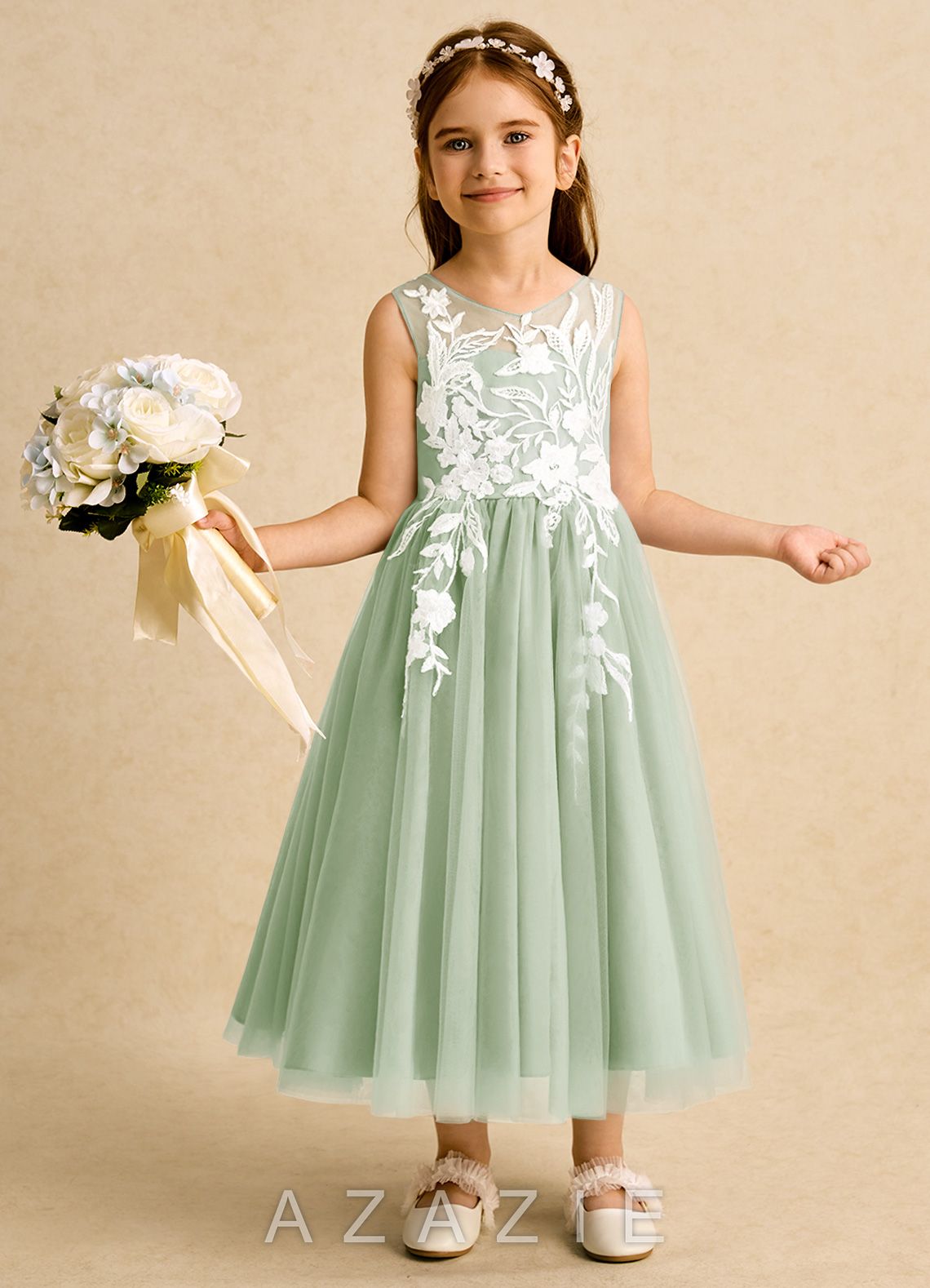 Azazie Sundae Dusty Sage Ball-Gown Lace Dress
