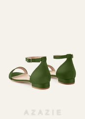 Matching Color Matte Satin Single Strap Ankle Buckle Block Flat Sandals