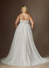 Azazie Florian Wedding Dress Diamond White A-Line V-Neck Sequins Tulle Dress diamond_white