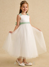 Azazie Lilli Ivory Dusty Sage A-Line Bow Tulle Dress
