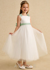 Azazie Lilli Ivory Dusty Sage A-Line Bow Tulle Dress