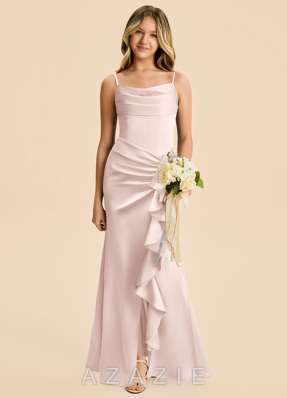Azazie Rosalia Junior Blushing Pink Sheath Pleated Stretch Satin Dress