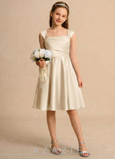 Azazie Budle Girls Formal Champagne A-Line Pleated Matte Satin Dress