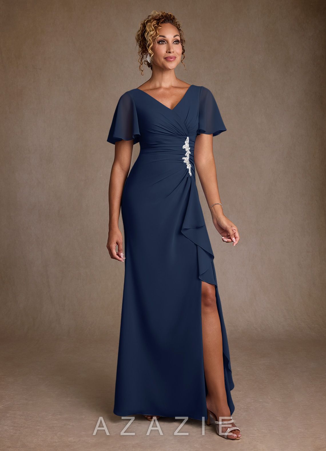 Azazie Suffolk Dark Navy A-Line Pleated Chiffon Dress