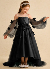 Azazie Karrie Black A-Line with Sleeves Tulle Dress black