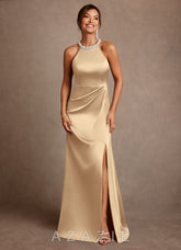Azazie Lawrence Champagne A-Line Pleated Stretch Satin Dress