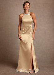 Azazie Lawrence Champagne A-Line Pleated Stretch Satin Dress