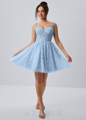 Raphinase Sky Blue Lace Tulle Beading Corset A line Lace-Up Mini Dress