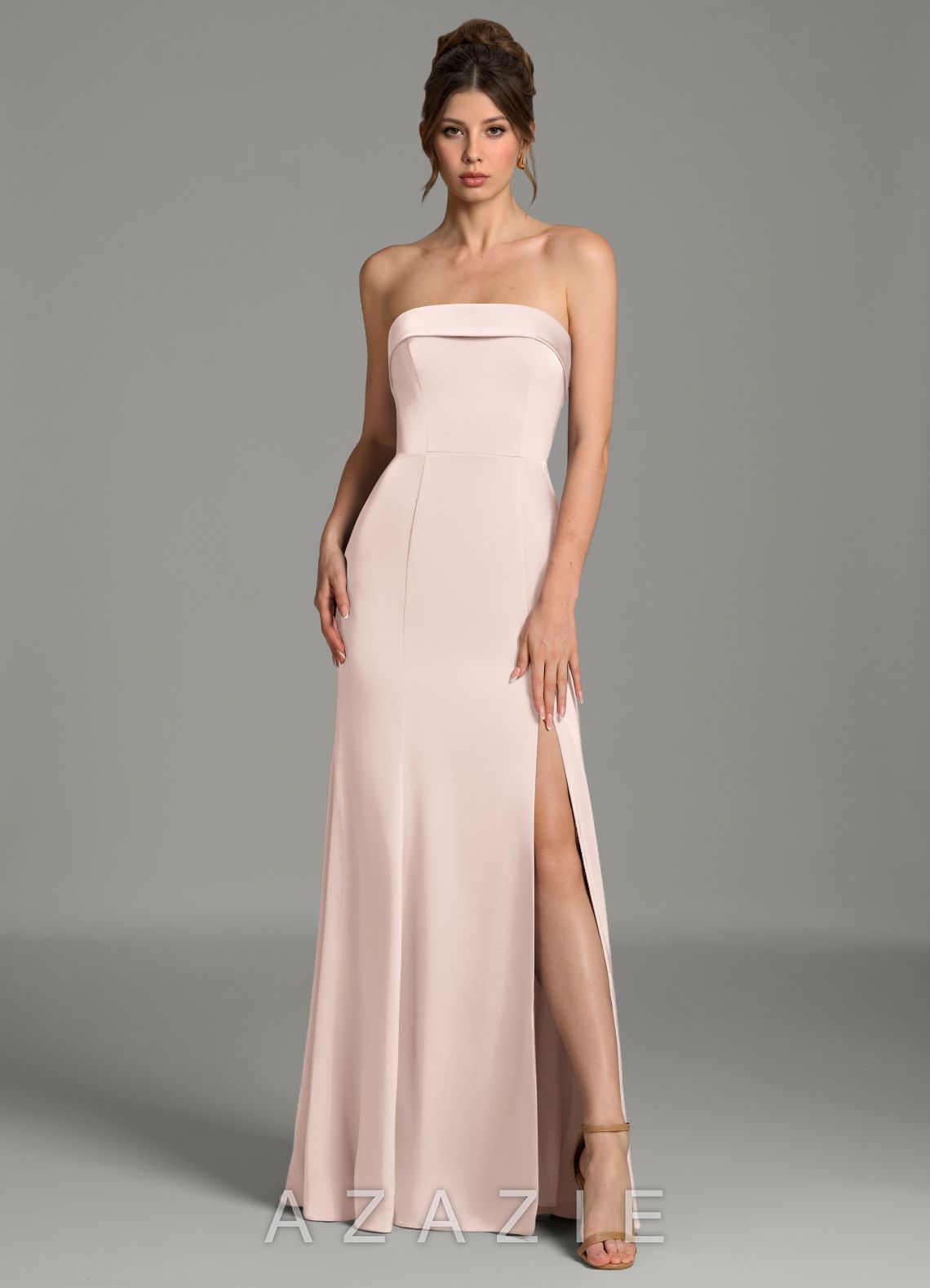 Azazie Helena Blushing Pink Mermaid Strapless Stretch Satin Dress