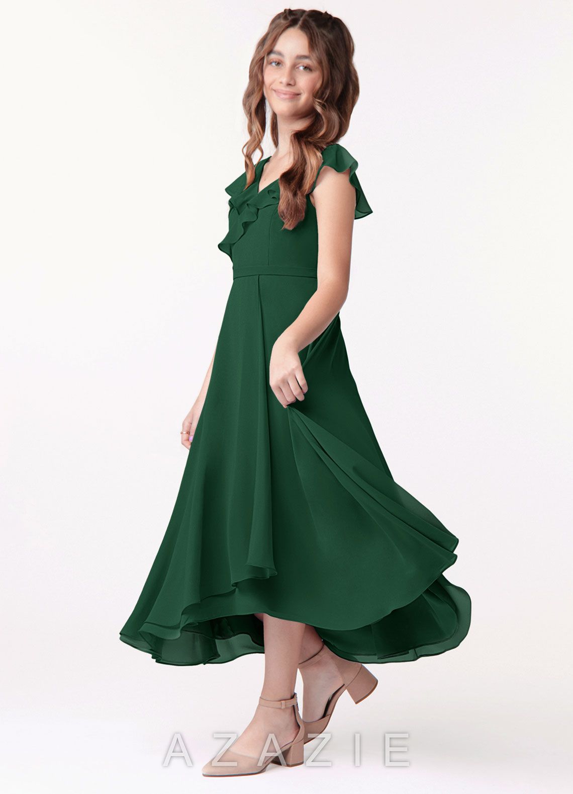 Azazie Posie Junior Dark Green A-Line Ruched Chiffon Dress