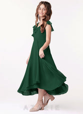 Azazie Posie Junior Dark Green A-Line Ruched Chiffon Dress