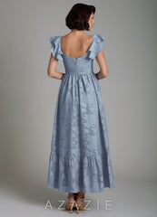 Azazie Anaya Dusty Blue A-Line Ruched Floral Burnout Dress dusty_blue