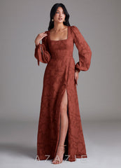 Azazie Leonia Terracotta A-Line Long Sleeve Floral Burnout Dress terracotta