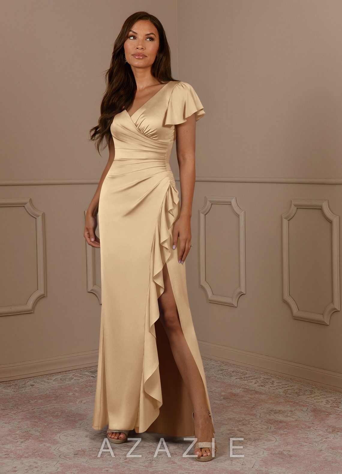 Azazie Roya Champagne Mermaid V-Neck Pleated Stretch Satin Dress
