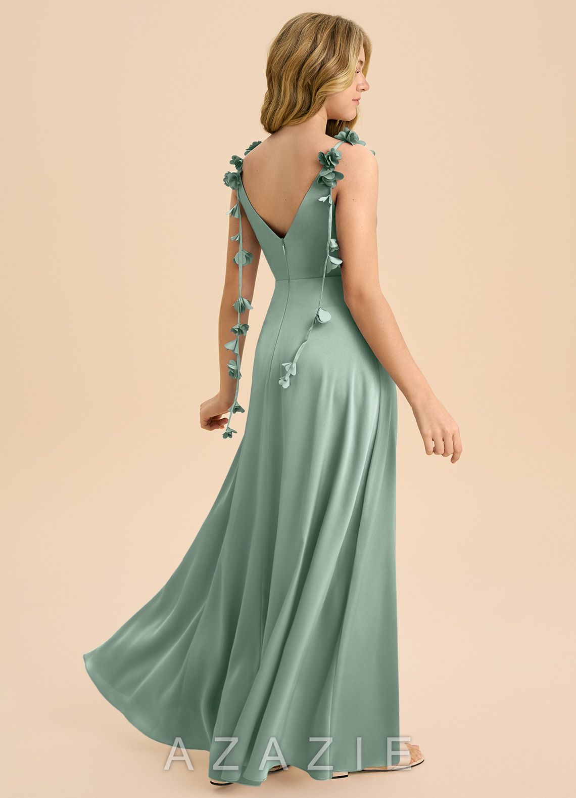 Azazie Gumdrop Junior Agave Empire Pleated Stretch Satin Dress