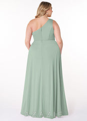 Azazie Brooke Agave A-Line One Shoulder Mesh Dress agave
