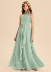 Azazie Skye Junior Agave A-Line Pleated Chiffon Dress agave