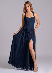 Azazie Francis Dark Navy A-Line Corset Floral Burnout Dress dark_navy