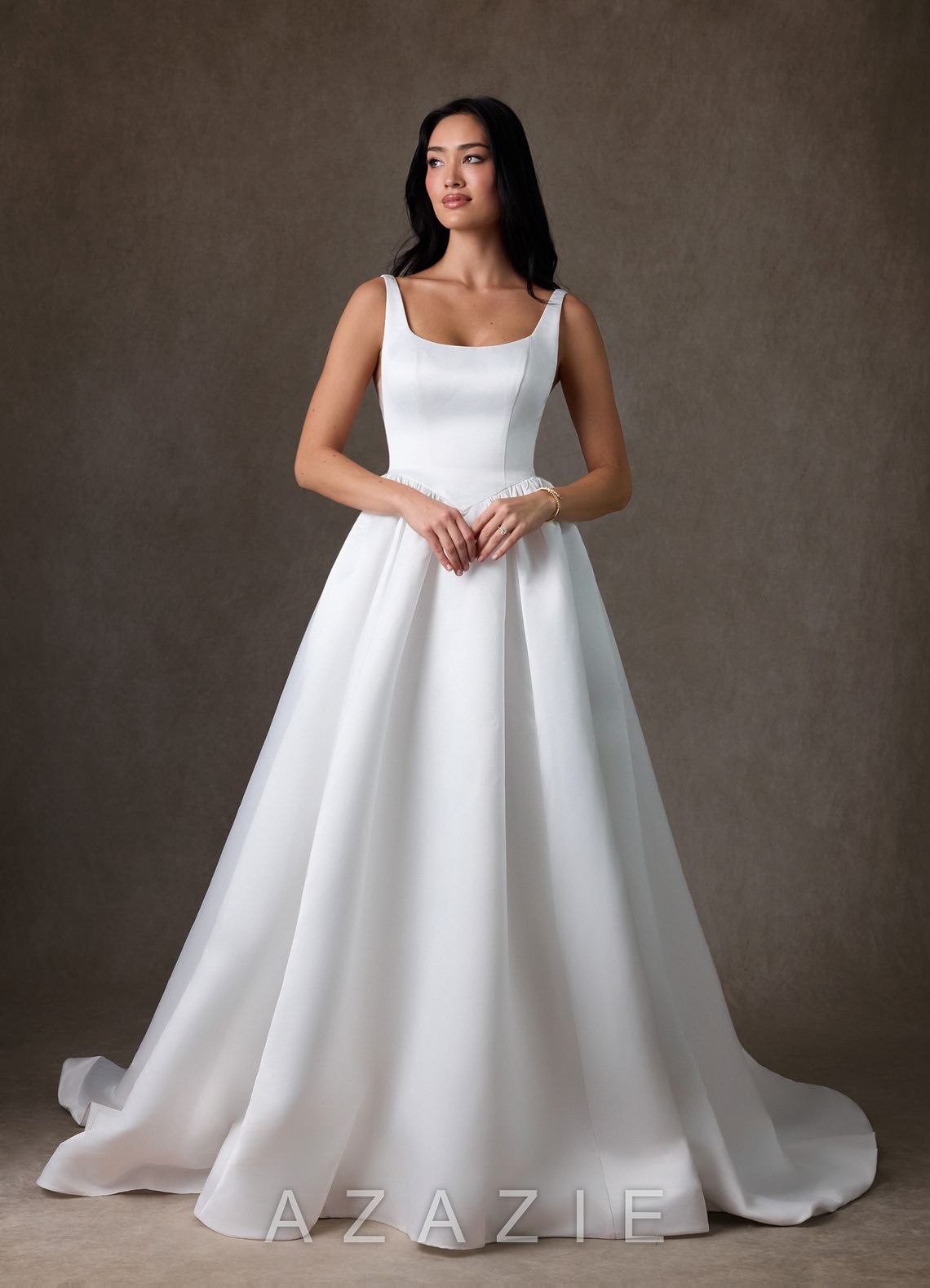 Azazie Skylin Diamond White Ball-Gown with Pockets Satin Dress