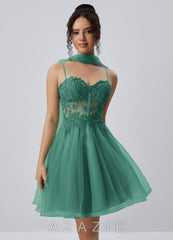 Thalassienne Basil Lace Rhinestones Tulle Mini Dress