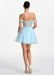 Eudaimonia Light Blue 3D Flower Sequin Embroidery Corset Off-the-Shoulder Tulle