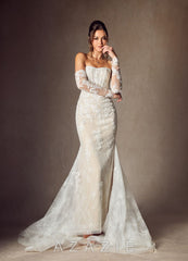 Azazie Caitlin Diamond White Champagne Mermaid Strapless Lace Dress diamond_white/champagne