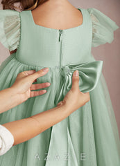 Azazie Kalio Agave A-Line with Sleeves Tulle Dress agave