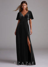 Azazie Kimber Black A-Line with Pockets Velvet Dress