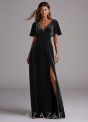 Azazie Kimber Black A-Line with Pockets Velvet Dress
