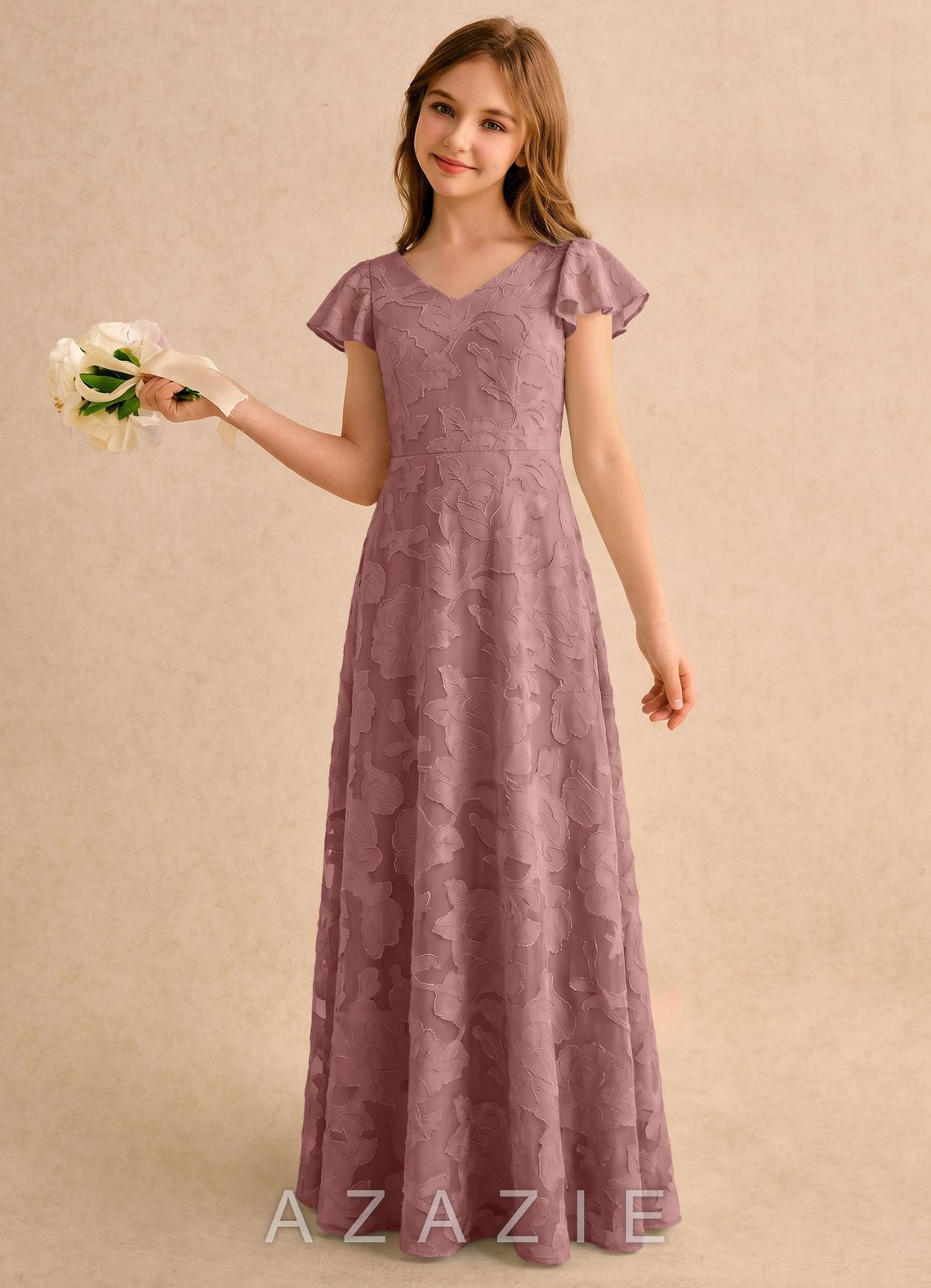Azazie Narin Girls Formal Dusty Rose A-Line with Sleeves Floral Burnout Dress