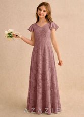 Azazie Narin Girls Formal Dusty Rose A-Line with Sleeves Floral Burnout Dress