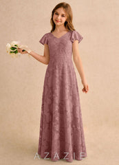 Azazie Narin Girls Formal Dusty Rose A-Line with Sleeves Floral Burnout Dress