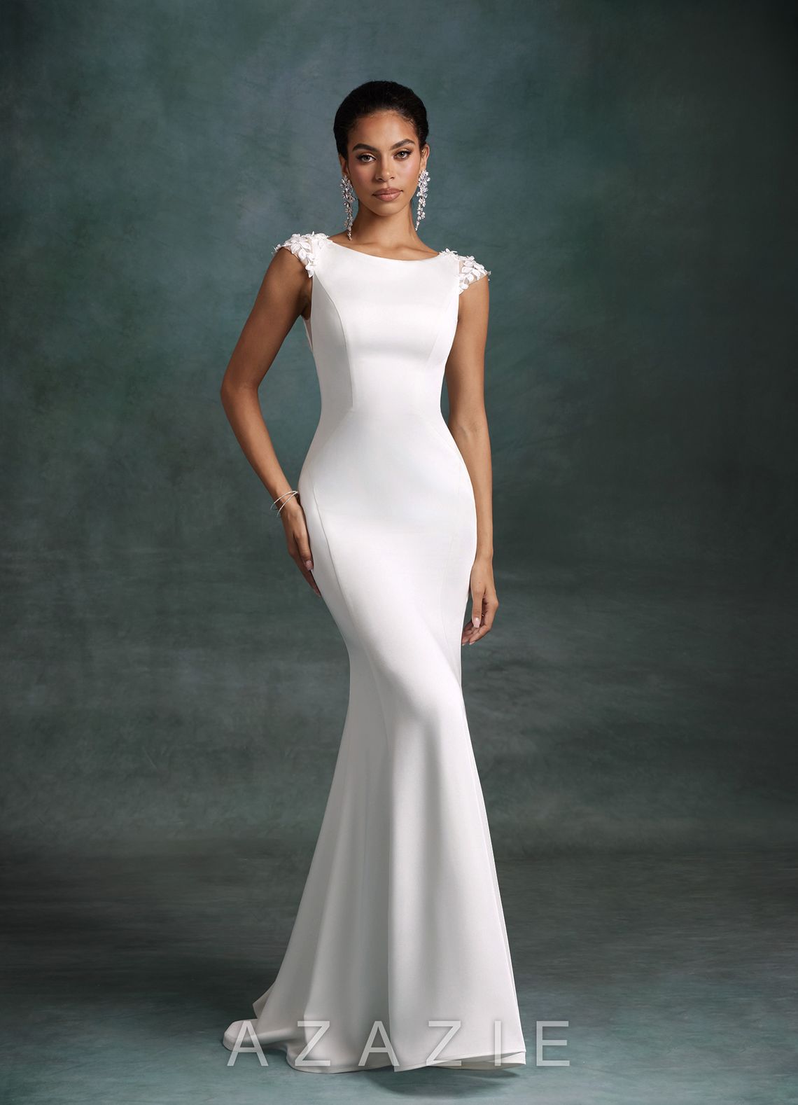Azazie Oaklynn Diamond White Mermaid Boatneck Crepe Back Satin Dress