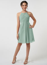 Azazie Ginny Junior Agave A-Line Pleated Chiffon Dress