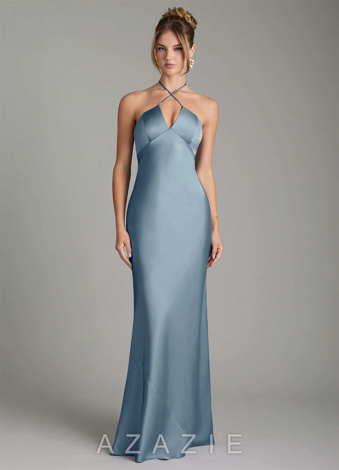 Azazie Camille Dusty Blue Sheath Side Slit Stretch Satin Dress
