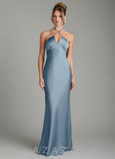 Azazie Camille Dusty Blue Sheath Side Slit Stretch Satin Dress