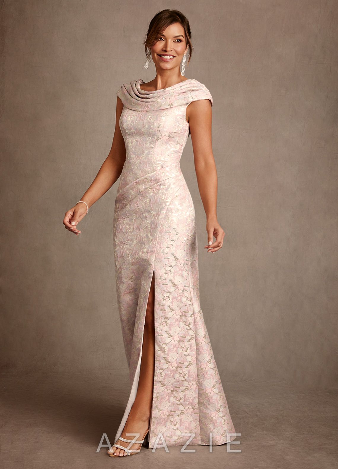 Azazie Irvine Dusty Rose A-Line Pleated Floral Jacquard Dress
