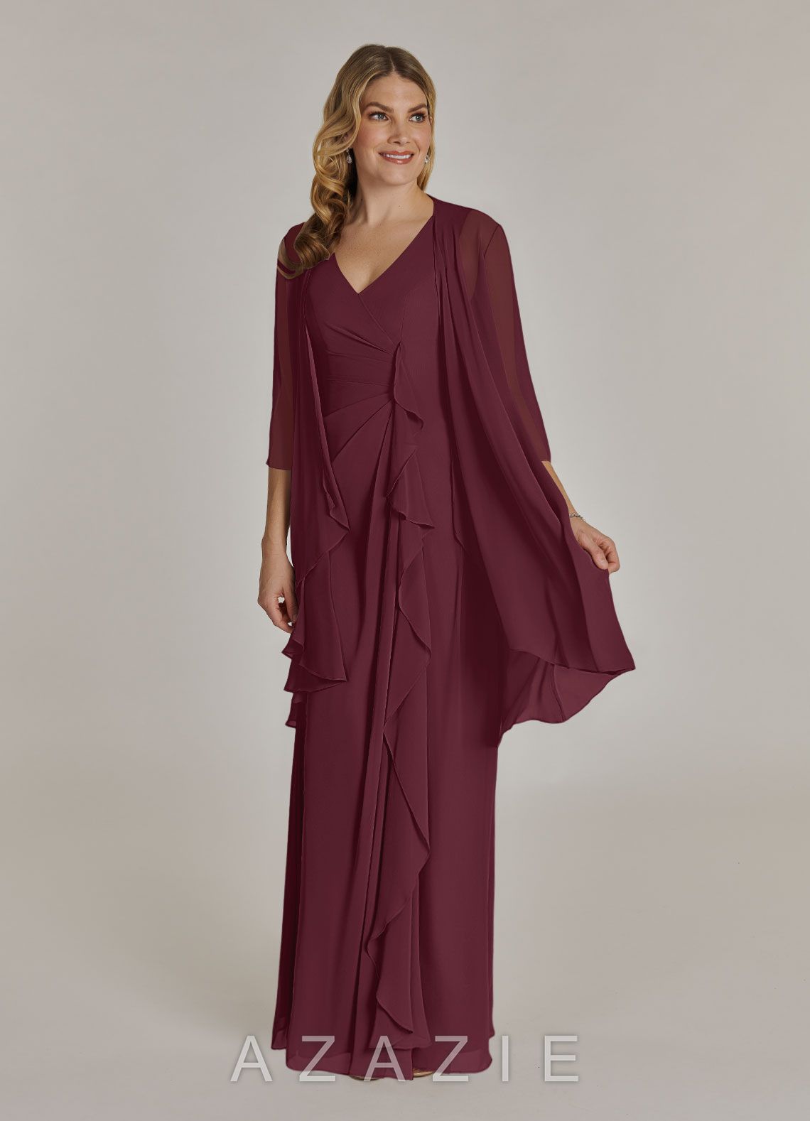 Azazie Manuella Cabernet A-Line V-Neck Pleated Chiffon Dress