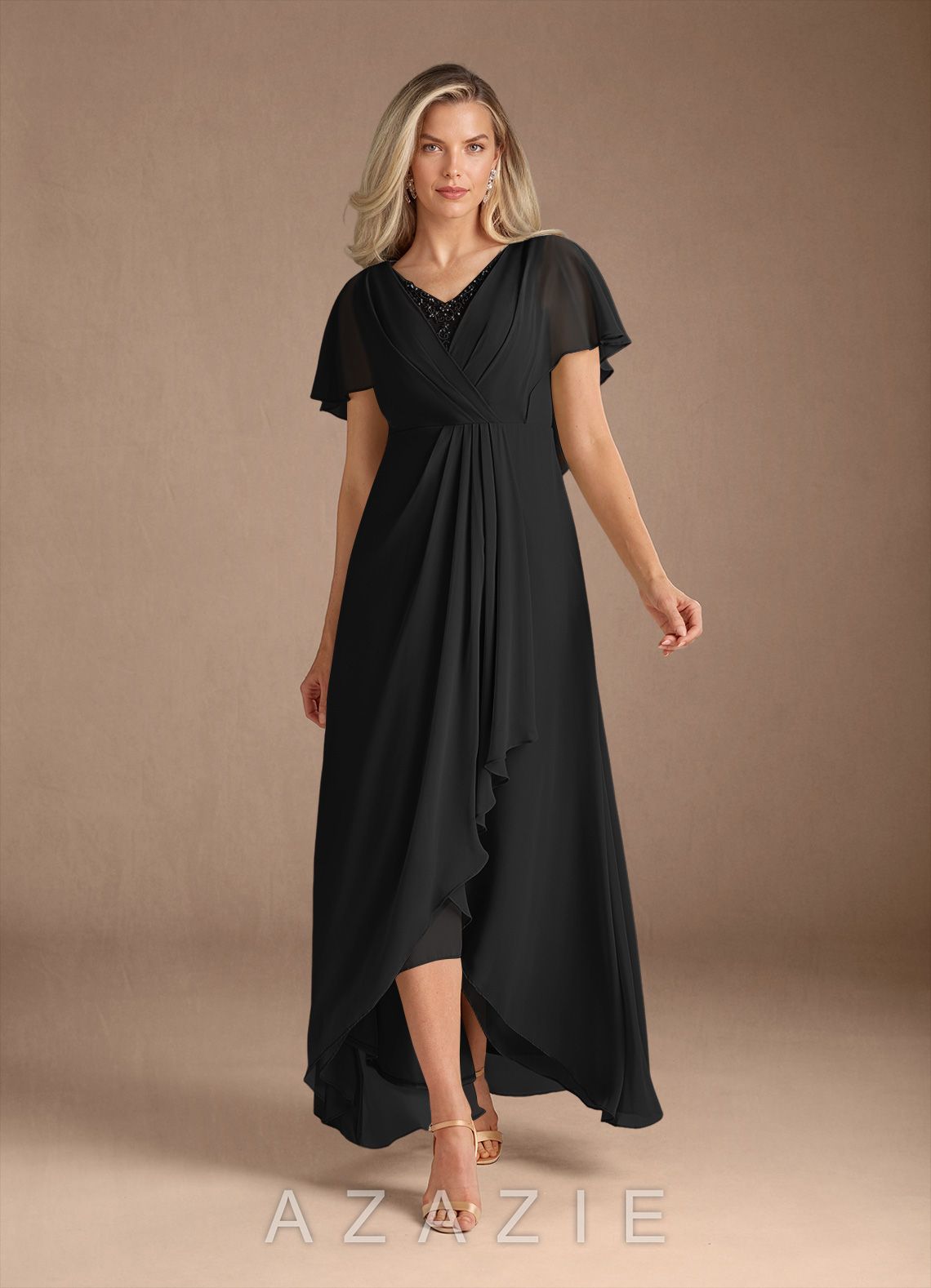 Azazie Eliza Black A-Line V-Neck Pleated Chiffon Dress