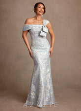 Azazie Zephyra Dusty Blue Mermaid Off the Shoulder Jacquard Dress