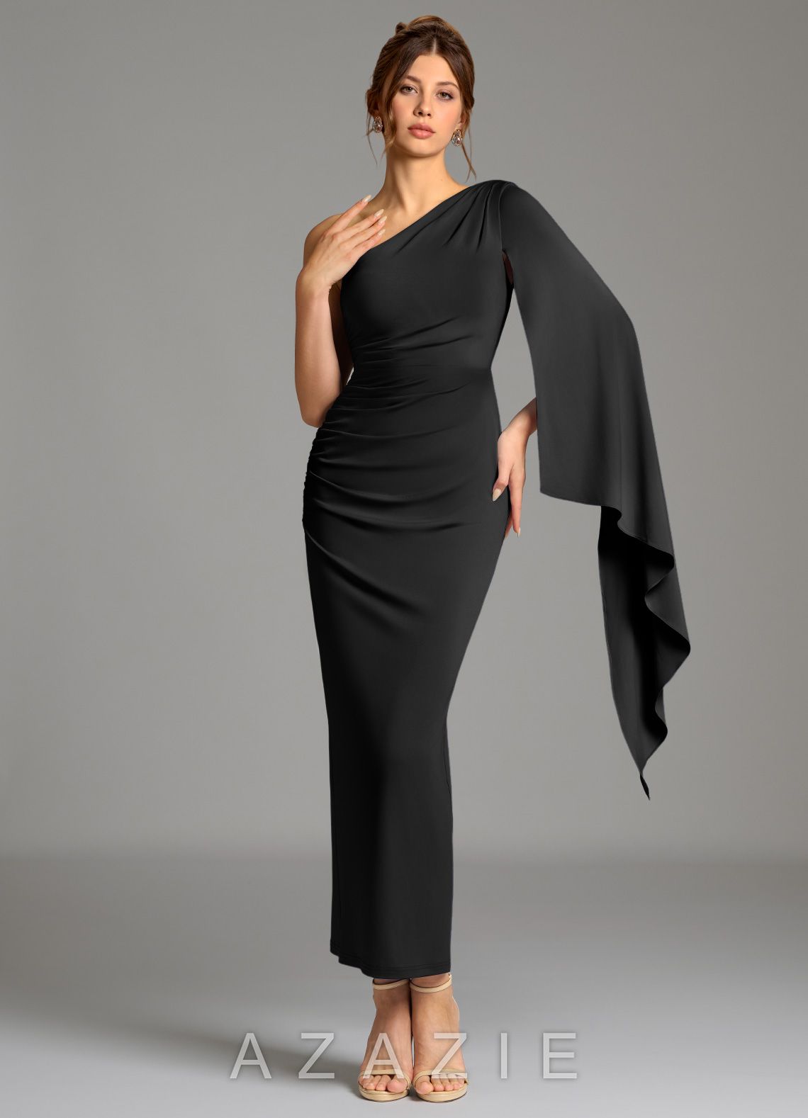 Azazie Jana Black Sheath Long Sleeve Premium Stretch Jersey Dress