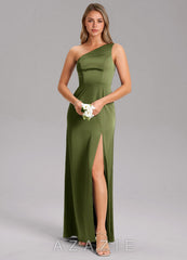 Azazie Phaedra Olive A-Line One Shoulder Stretch Satin Dress
