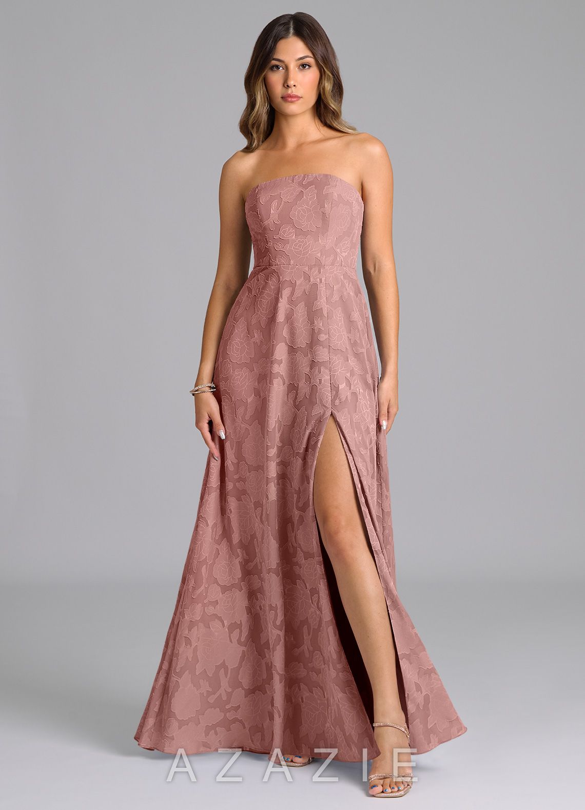 Azazie Wren Dusty Rose A-Line Strapless Floral Burnout Dress